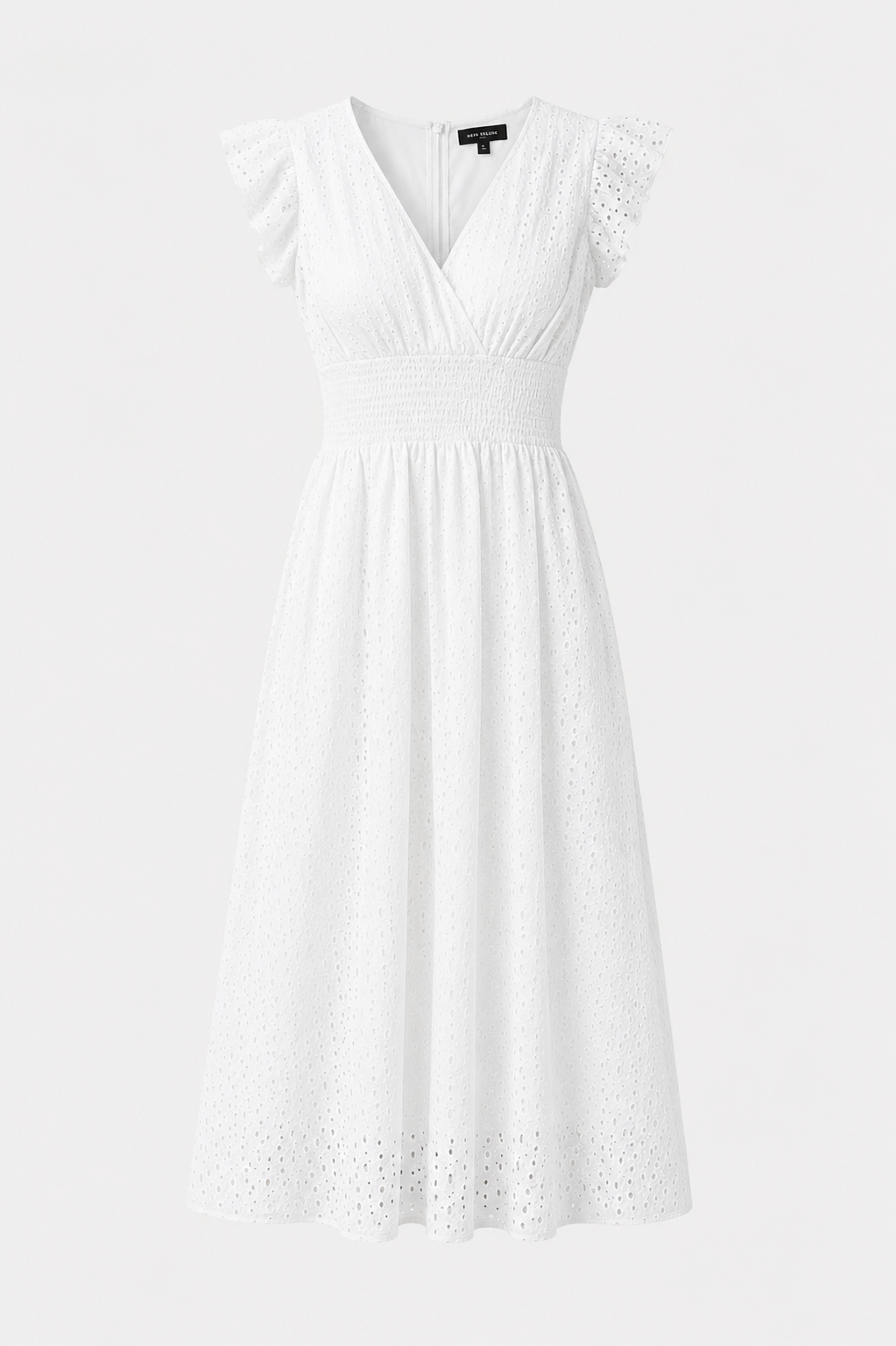 Marissa - Women’s White Broderie Anglaise Midi Dress with V-Neck-Women Dress-Lyrasue-White-S-Lyrasue