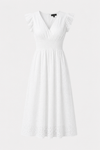 Marissa - Women’s White Broderie Anglaise Midi Dress with V-Neck-Women Dress-Lyrasue-White-S-Lyrasue