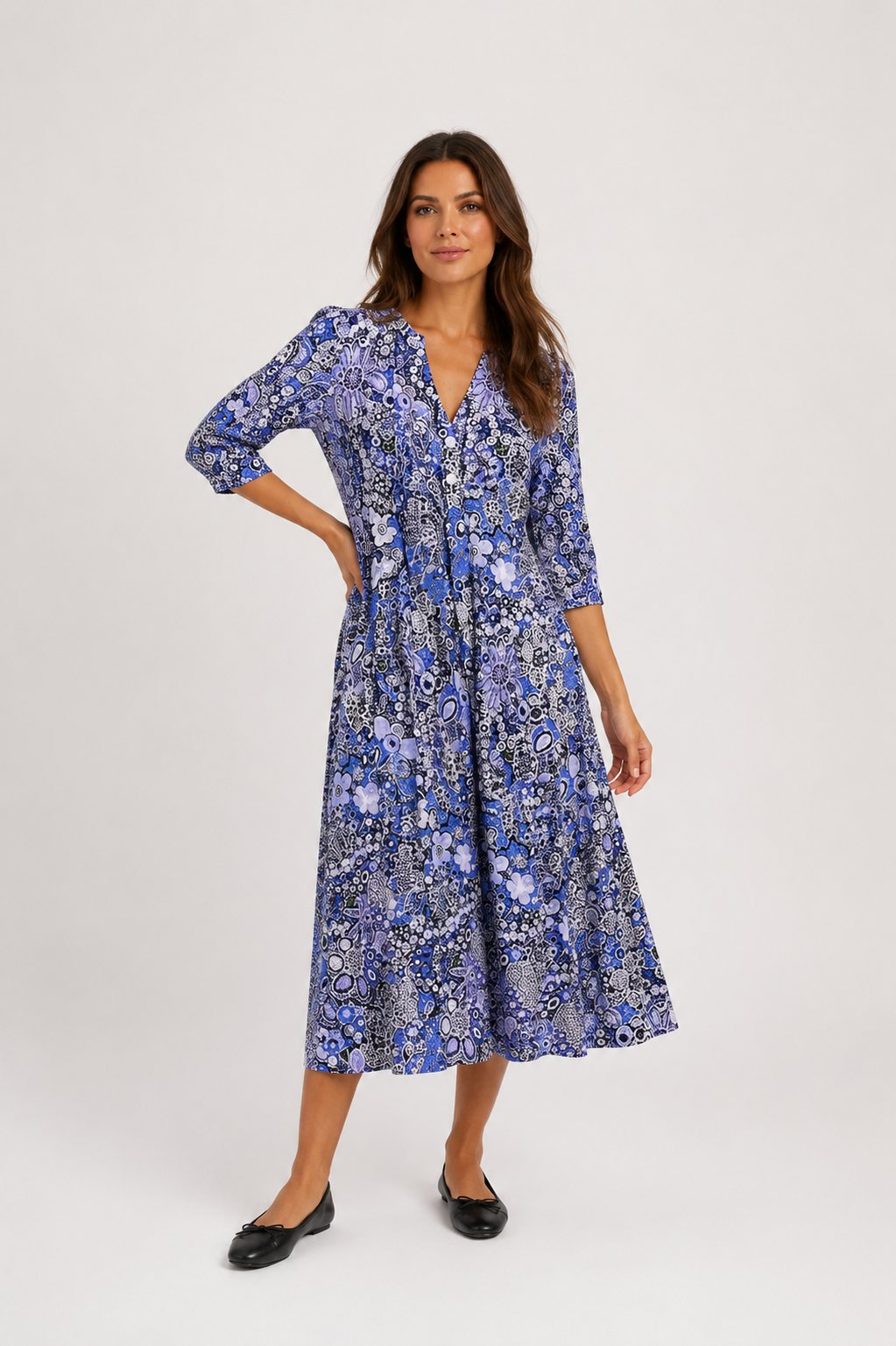 Marlowe - Women’s Printed V Neck Midi Dress-Women’s Midi Dress-Lyrasue-Blue-S-Lyrasue