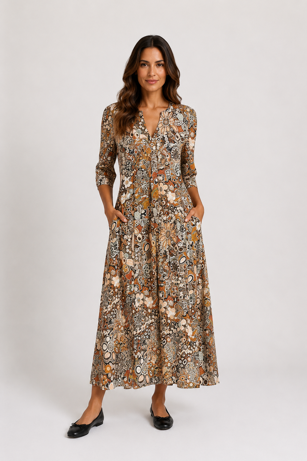 Marlowe - Women’s Printed V Neck Midi Dress-Women’s Midi Dress-Lyrasue-Red-S-Lyrasue