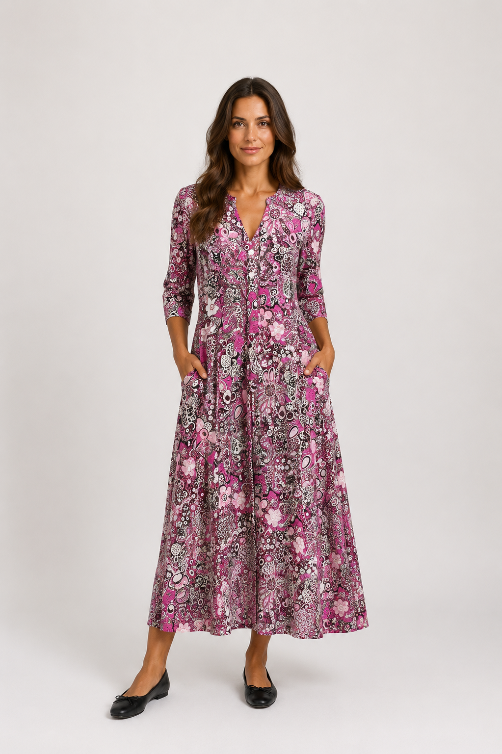 Marlowe - Women’s Printed V Neck Midi Dress-Women’s Midi Dress-Lyrasue-Rose Red-S-Lyrasue