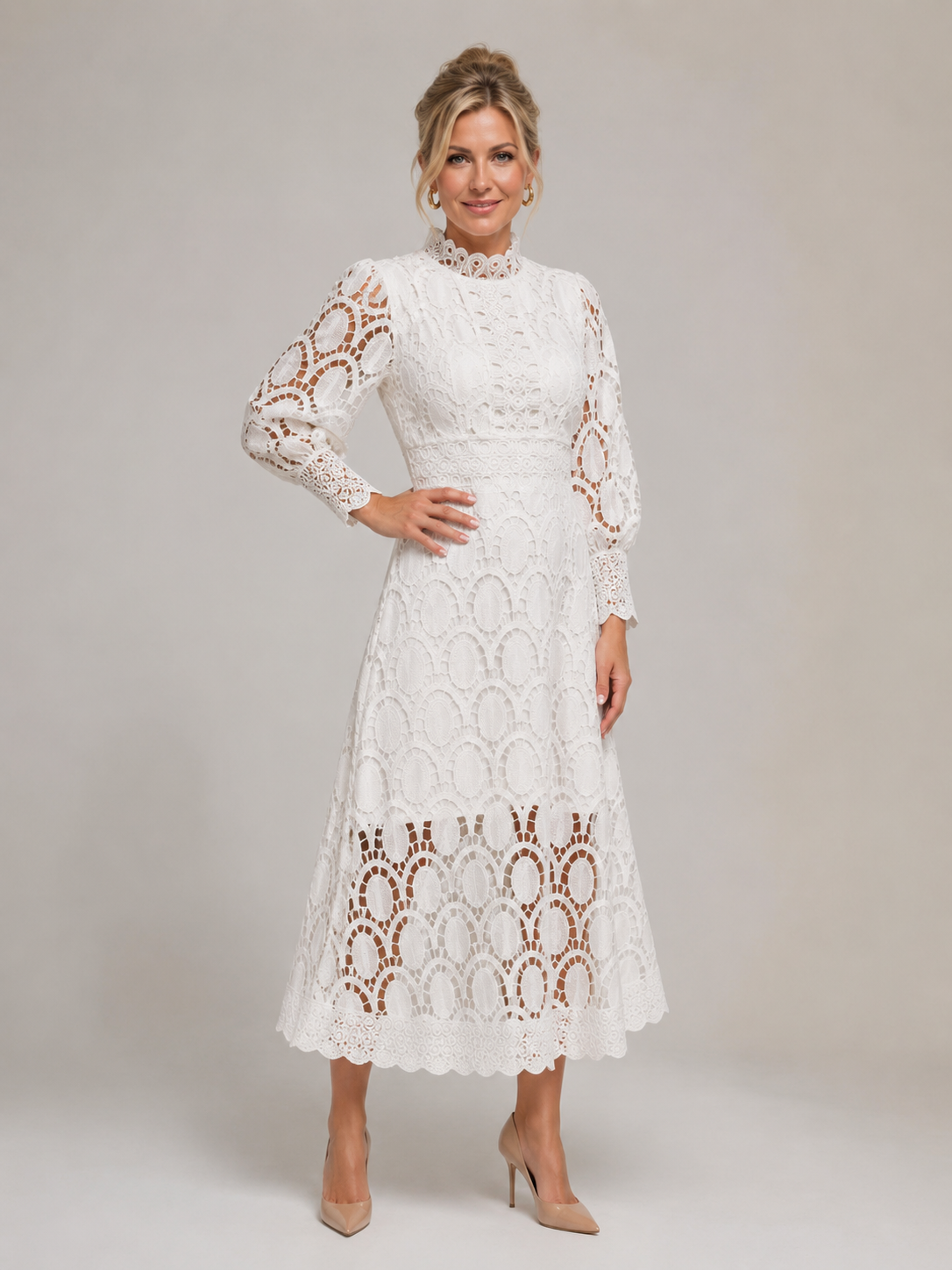 Mckenna - Women’s Long Sleeve Lace Midi Dress with High Neck-Midi Dress-Lyrasue-White-XS-Lyrasue