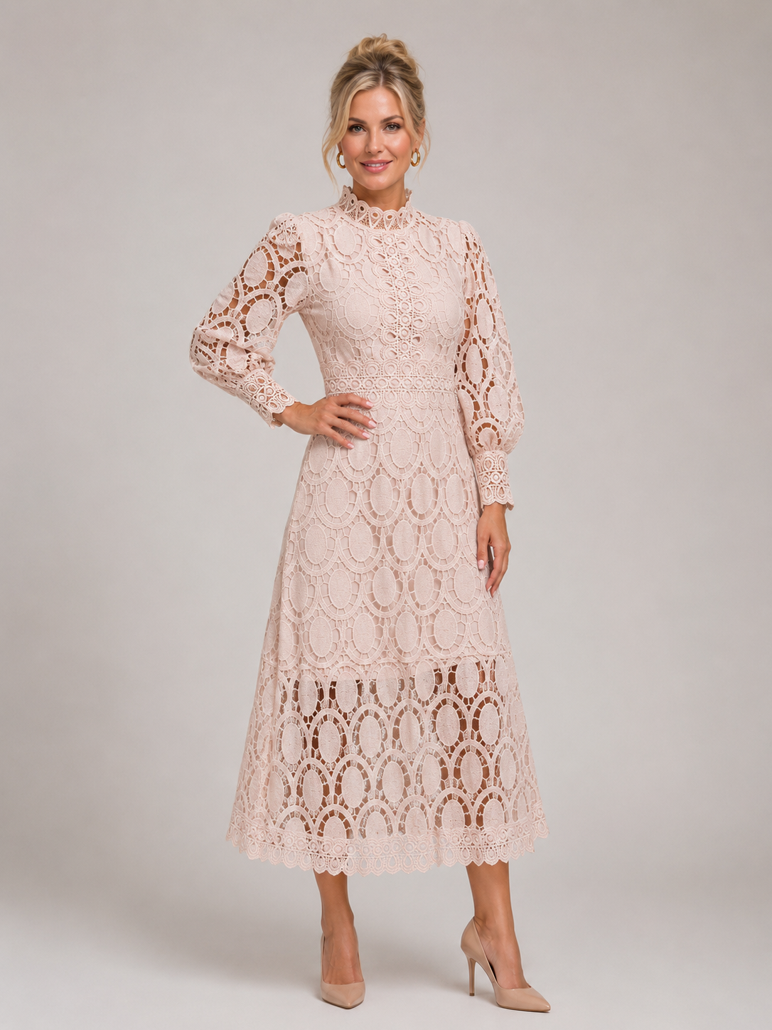 Mckenna - Women’s Long Sleeve Lace Midi Dress with High Neck-Midi Dress-Lyrasue-Apricot-XS-Lyrasue