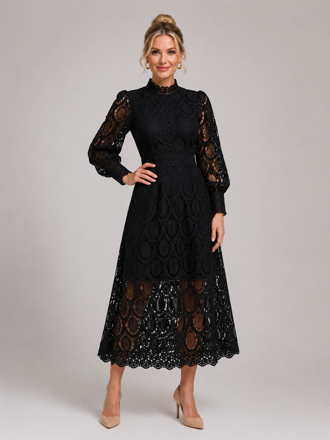 Mckenna - Women’s Long Sleeve Lace Midi Dress with High Neck-Midi Dress-Lyrasue-Black-XS-Lyrasue