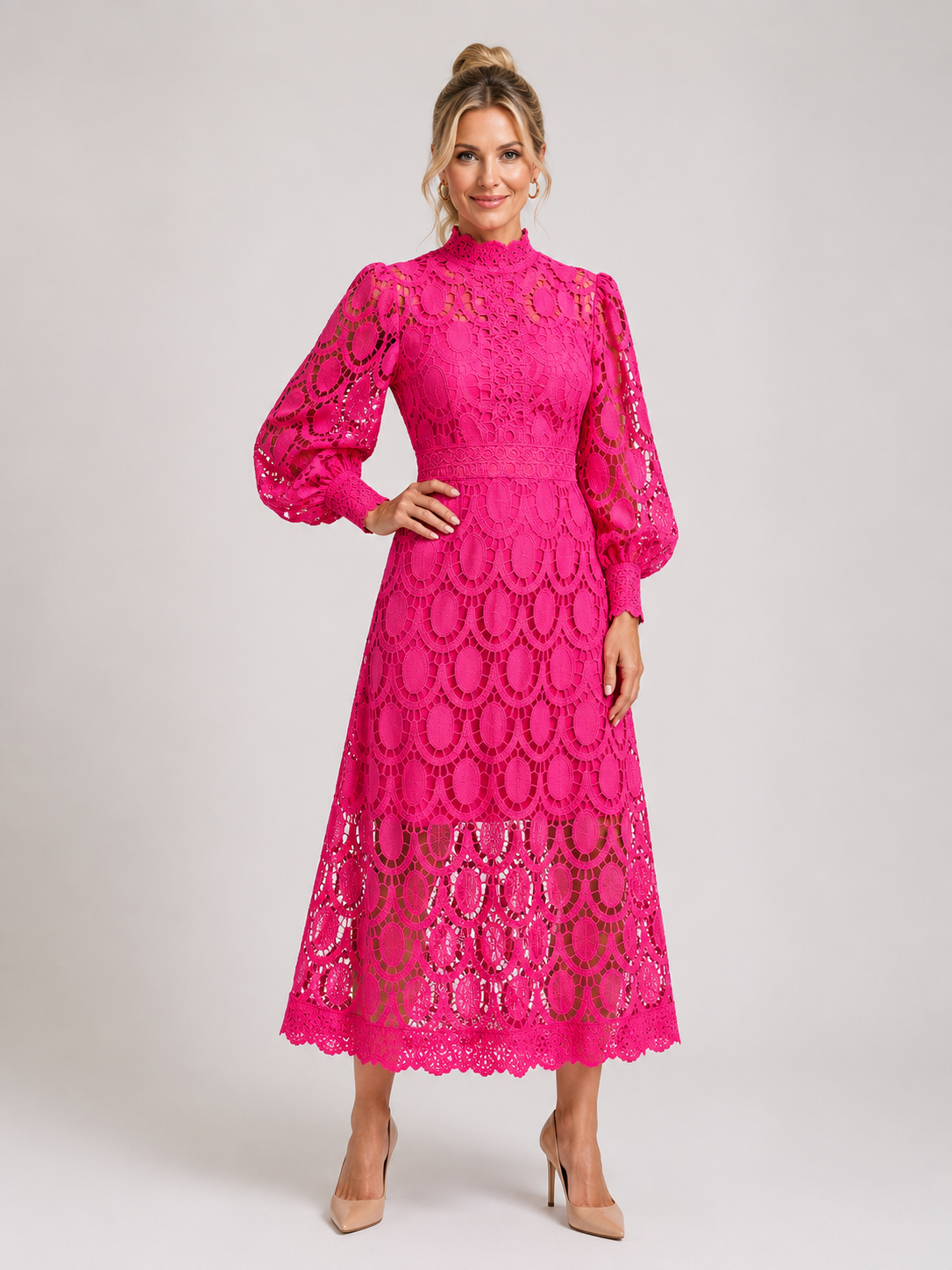 Mckenna - Women’s Long Sleeve Lace Midi Dress with High Neck-Midi Dress-Lyrasue-Pink-XS-Lyrasue