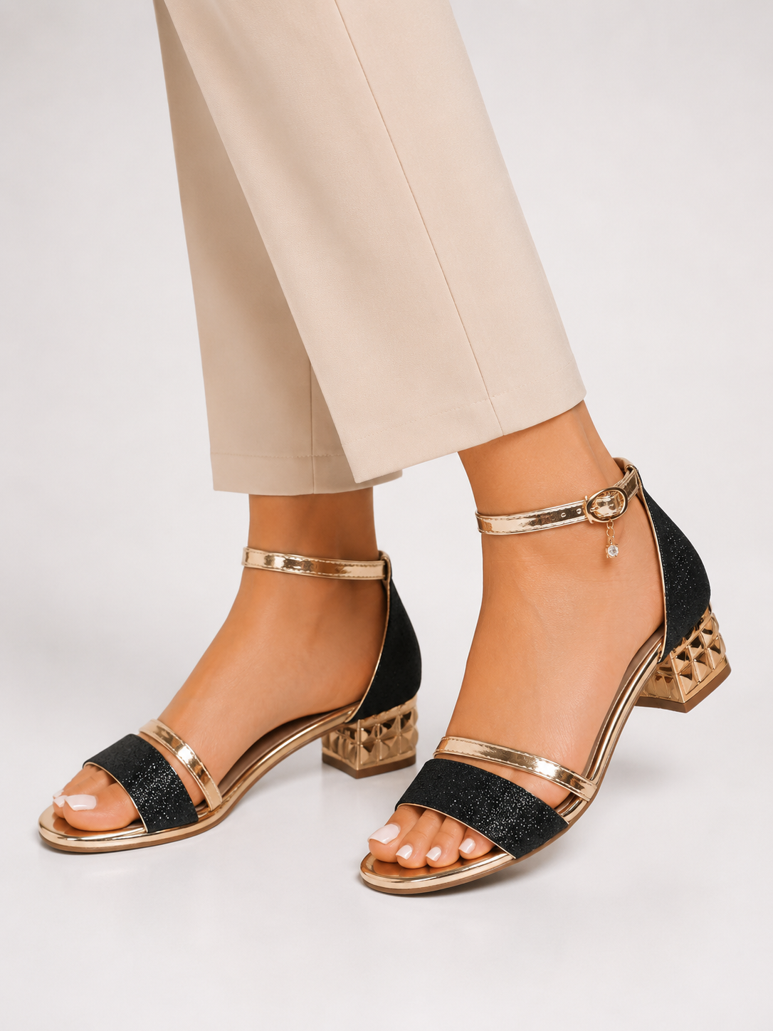 Melanie - Women’s Glitter Ankle Strap Block Heel Sandals-Lyrasue-Black-3-Lyrasue