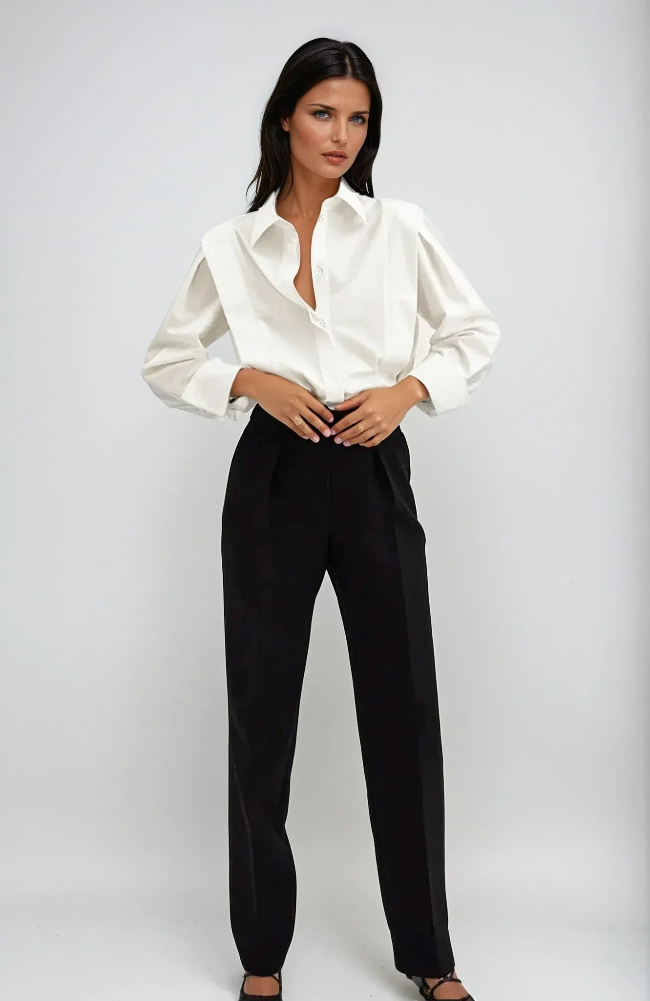 Michaela - Women's Oversized Button-Up Blouse with Structured Shoulders-Blusa-Lyrasue-White-S-Lyrasue