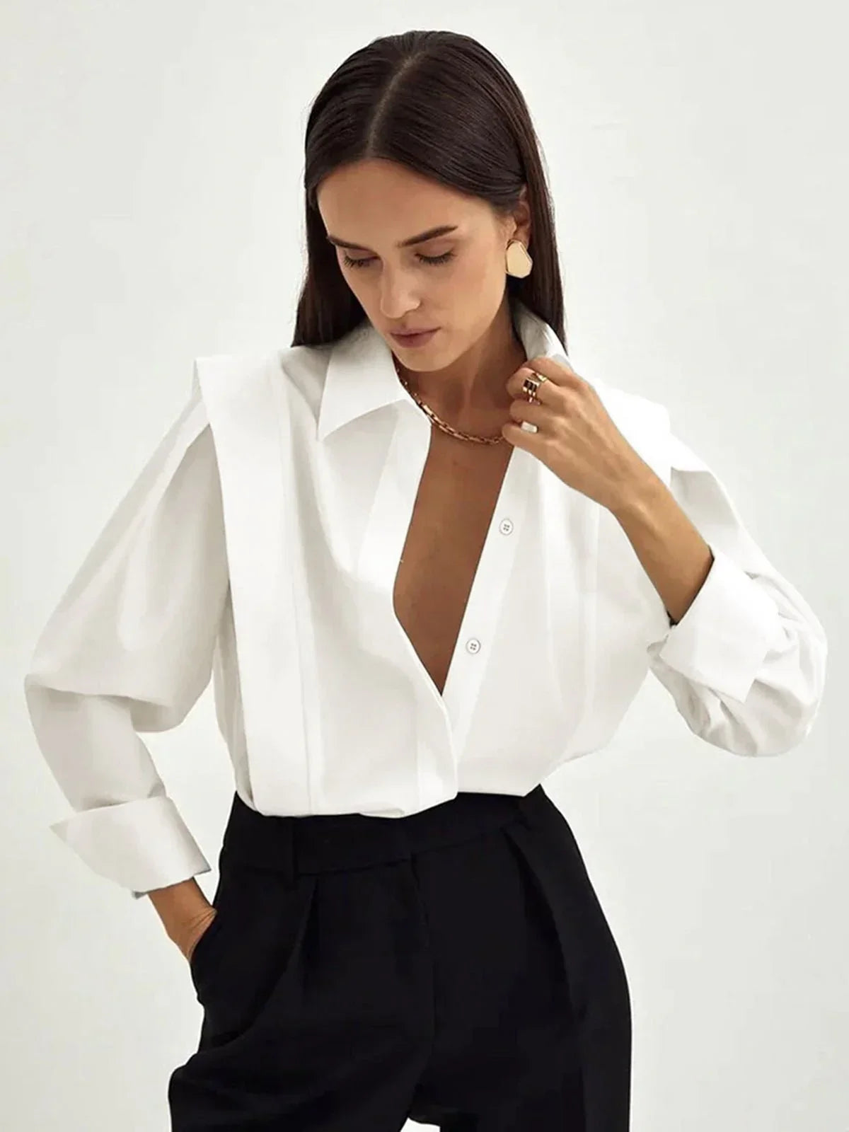 Michaela - Women's Oversized Button-Up Blouse with Structured Shoulders-Blusa-Lyrasue-White-S-Lyrasue