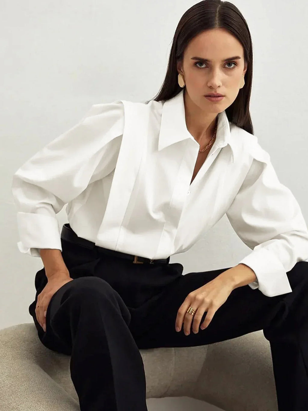 Michaela - Women's Oversized Button-Up Blouse with Structured Shoulders-Blusa-Lyrasue-White-S-Lyrasue