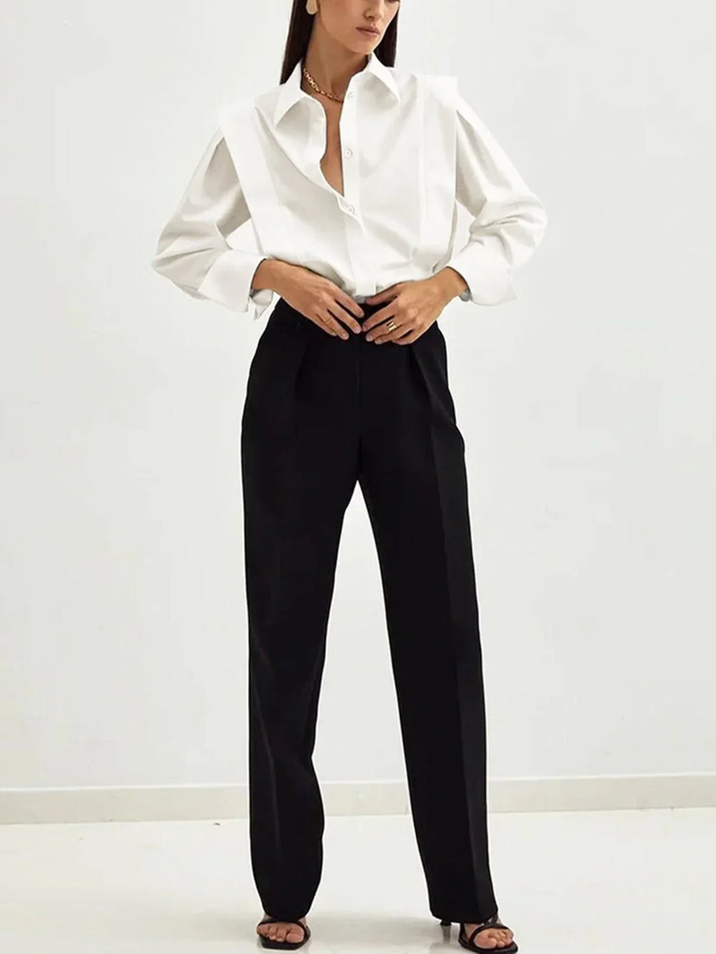 Michaela - Women's Oversized Button-Up Blouse with Structured Shoulders-Blusa-Lyrasue-White-S-Lyrasue