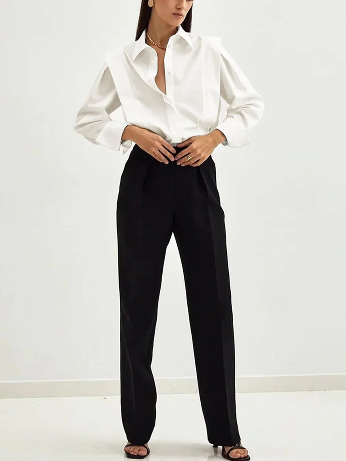 Michaela - Women's Oversized Button-Up Blouse with Structured Shoulders-Blusa-Lyrasue-White-S-Lyrasue