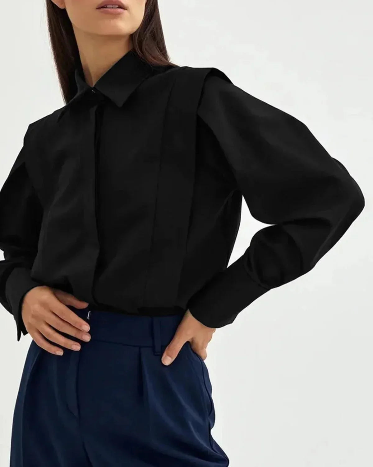 Michaela - Women's Oversized Button-Up Blouse with Structured Shoulders-Blusa-Lyrasue-Black-S-Lyrasue