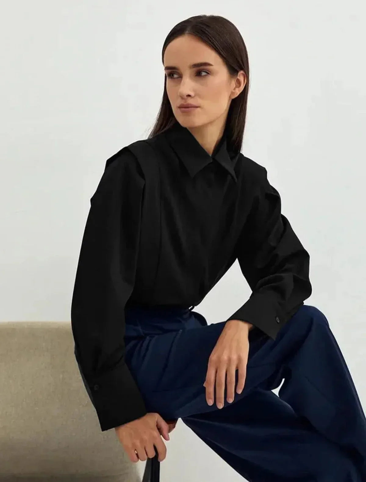 Michaela - Women's Oversized Button-Up Blouse with Structured Shoulders-Blusa-Lyrasue-White-S-Lyrasue