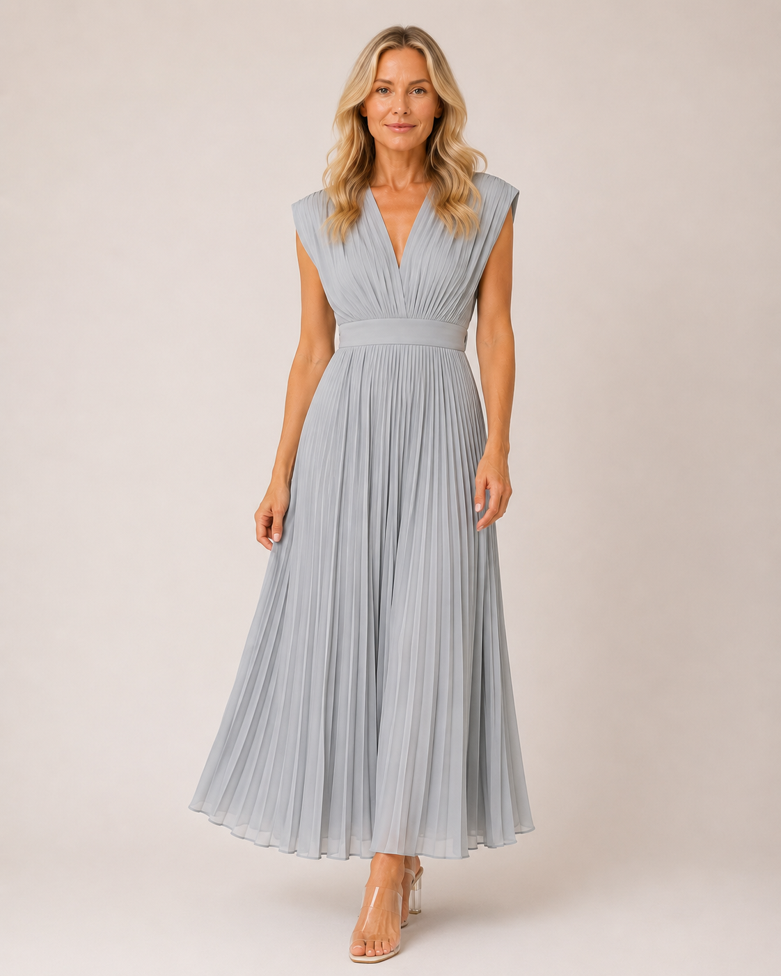 Monica - Women’s Wedding Guest V-Neck Midi Dress-Lyrasue-Gray-S-Lyrasue