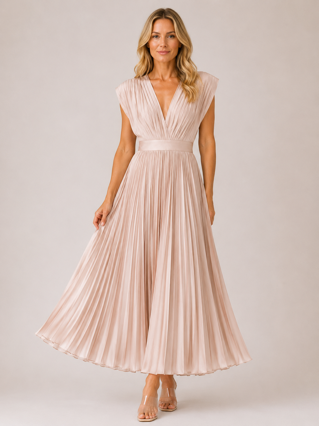 Monica - Women’s Wedding Guest V-Neck Midi Dress-Lyrasue-Champagne-S-Lyrasue
