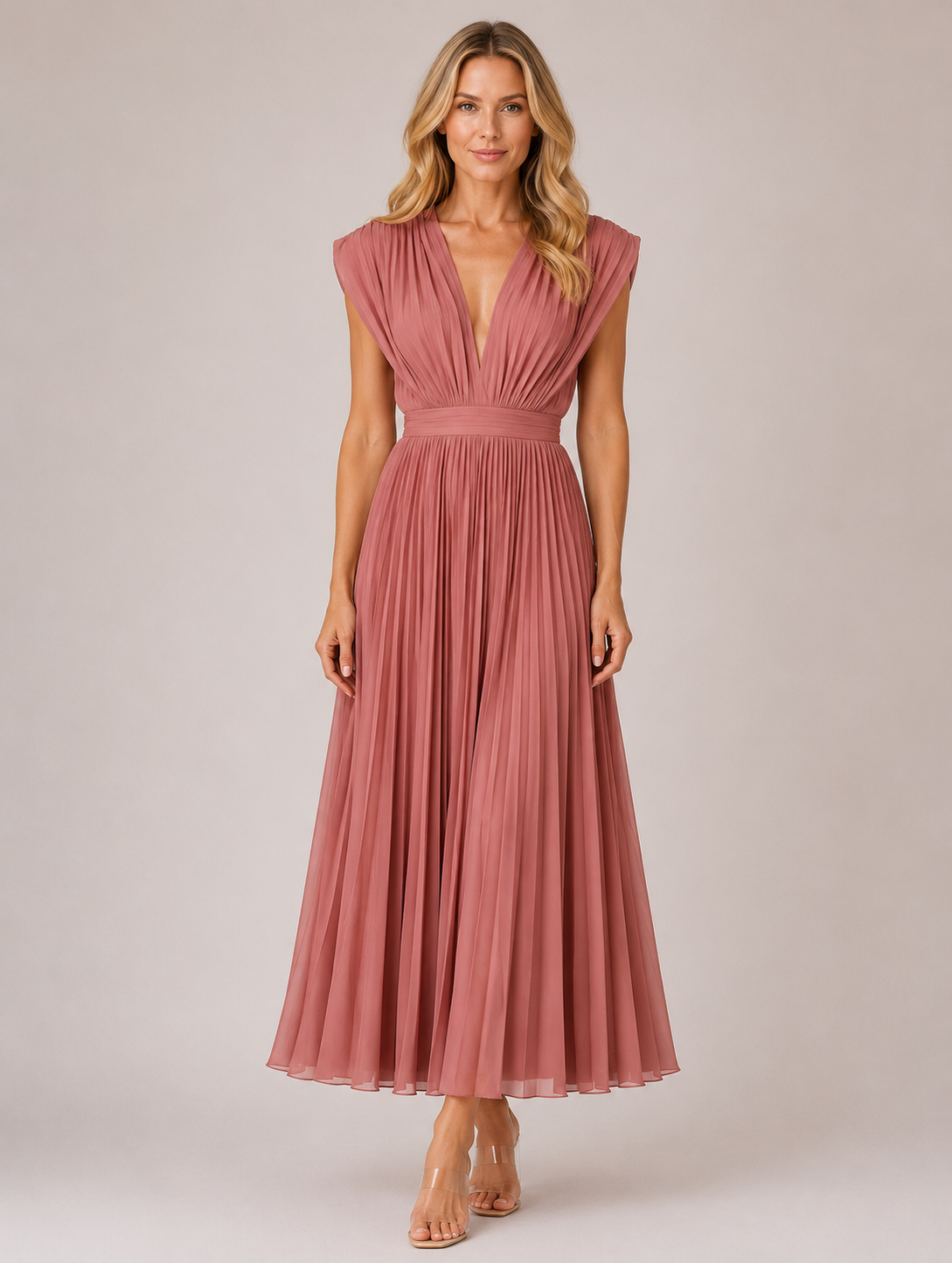 Monica - Women’s Wedding Guest V-Neck Midi Dress-Lyrasue-Rose red-S-Lyrasue