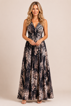 Morgan - Women’s Tropical Print Maxi Dress with V-Neck-Summer Push-Lyrasue-Navy-S-Lyrasue