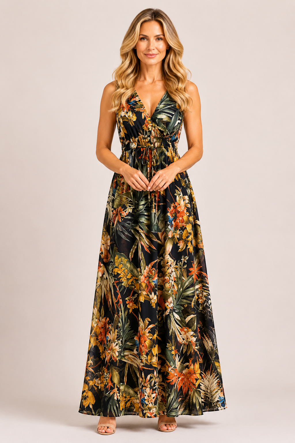 Morgan - Women’s Tropical Print Maxi Dress with V-Neck-Summer Push-Lyrasue-Black-S-Lyrasue