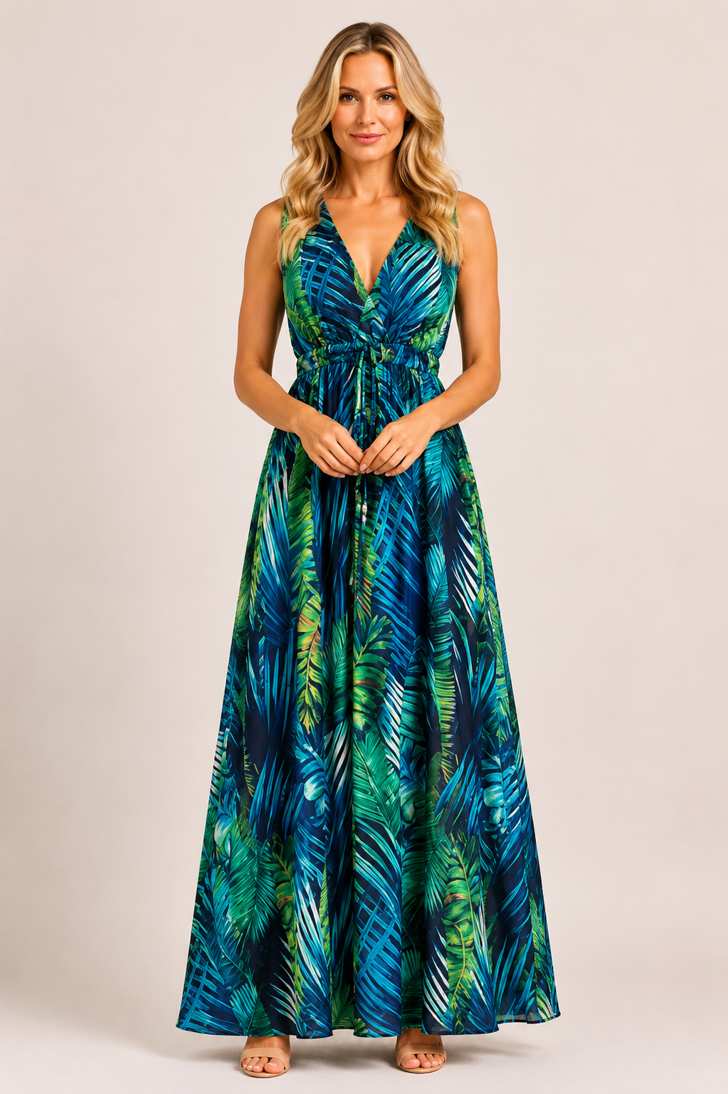 Morgan - Women’s Tropical Print Maxi Dress with V-Neck-Summer Push-Lyrasue-Green-S-Lyrasue