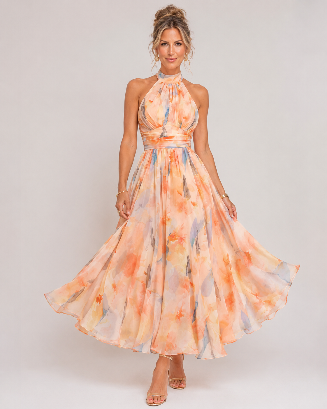 Naurana - Women's Halter Neck Chiffon Midi Dress-Lyrasue-S-Lyrasue