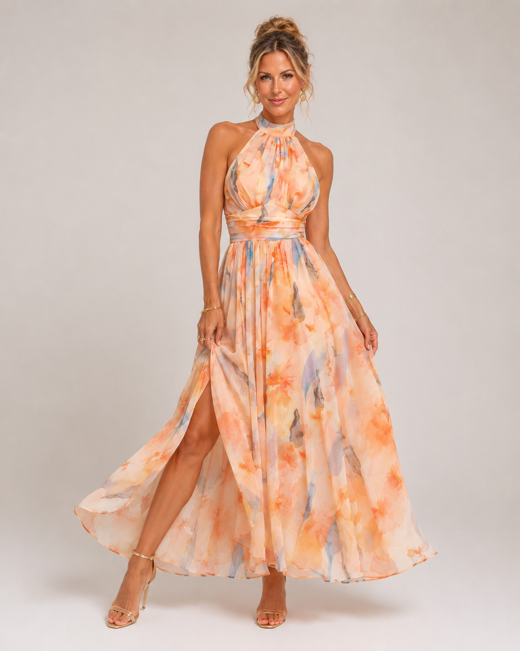 Naurana - Women's Halter Neck Chiffon Midi Dress-Lyrasue-S-Lyrasue