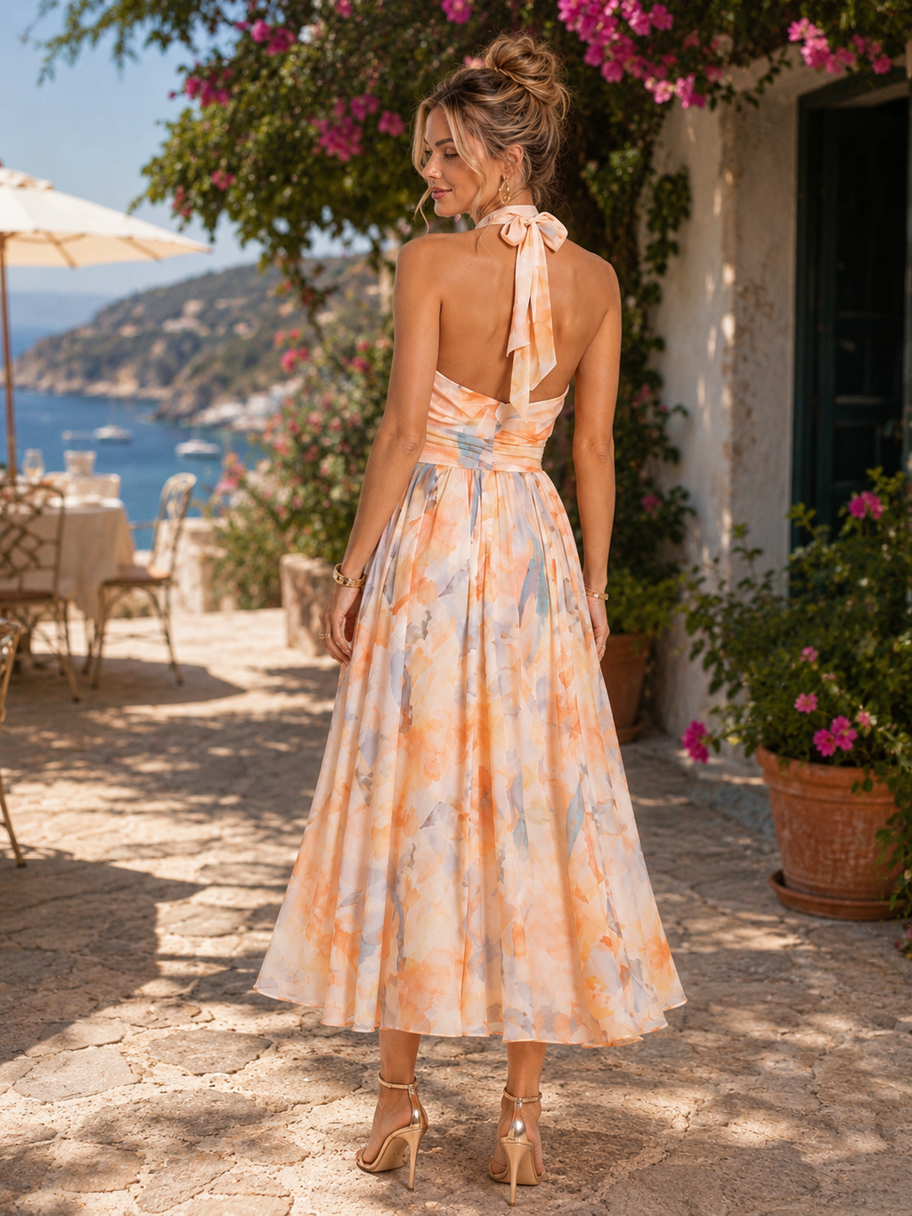 Naurana - Women's Halter Neck Chiffon Midi Dress-Lyrasue-S-Lyrasue