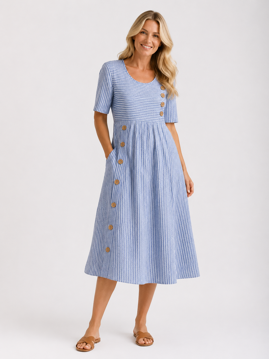 Navy - Women's Striped Button Detail Midi Dress-Dress Women-Lyrasue-Blue-S-Lyrasue