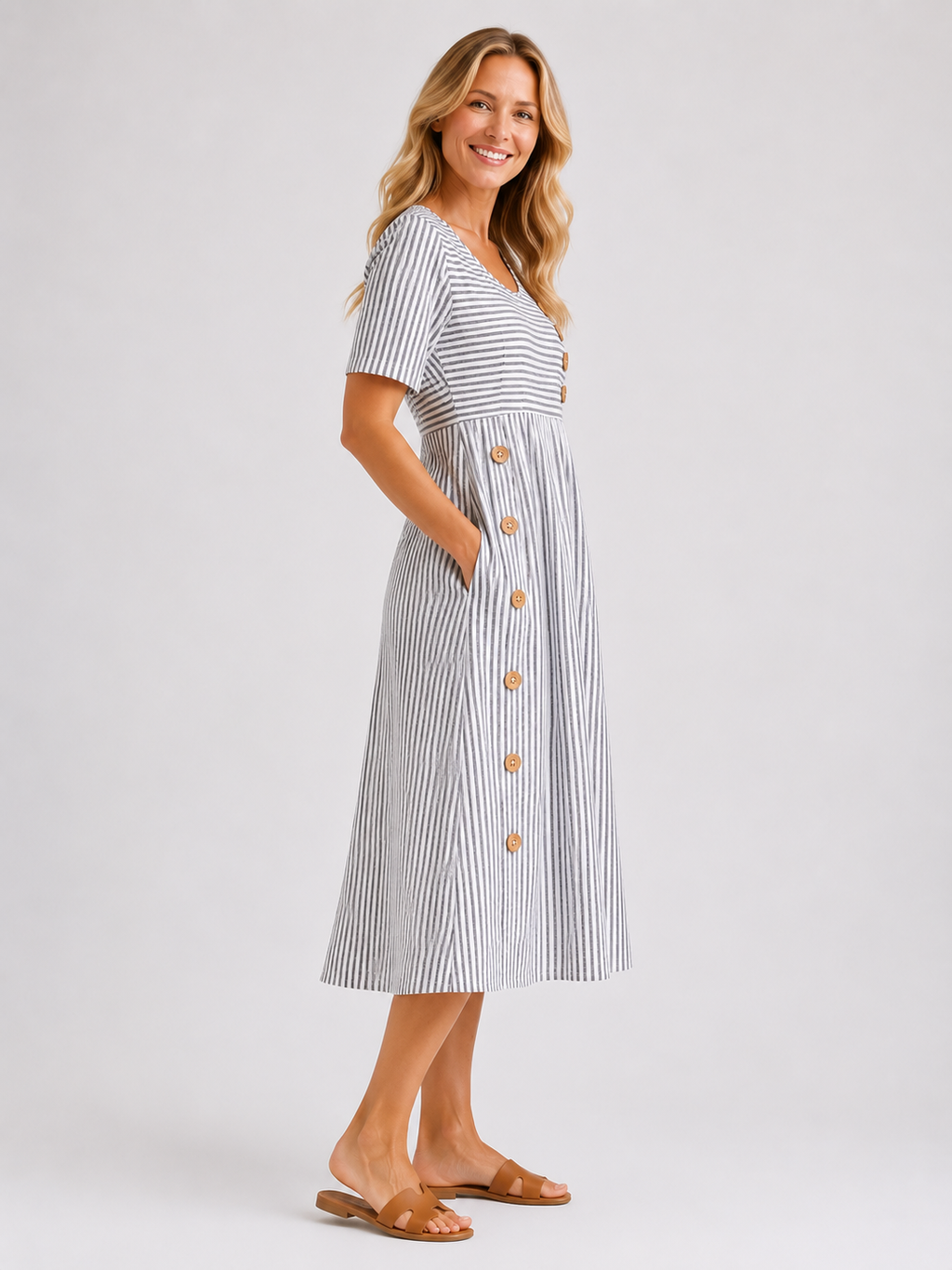 Navy - Women's Striped Button Detail Midi Dress-Dress Women-Lyrasue-Blue-S-Lyrasue
