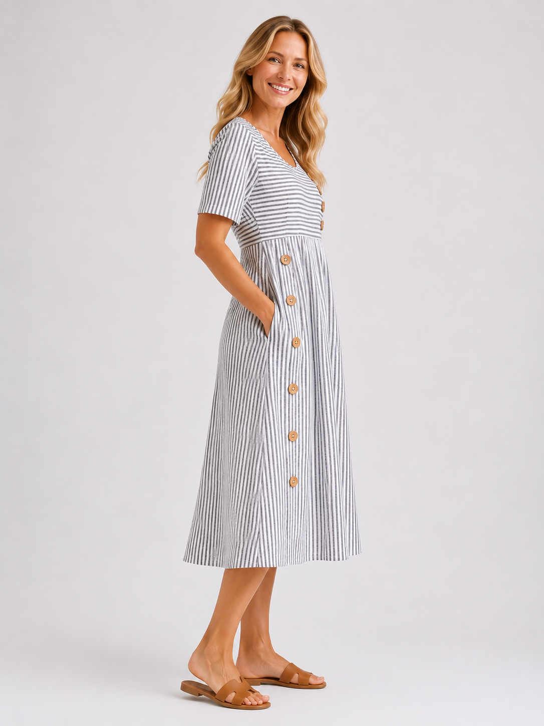 Navy - Women's Striped Button Detail Midi Dress-Dress Women-Lyrasue-Blue-S-Lyrasue