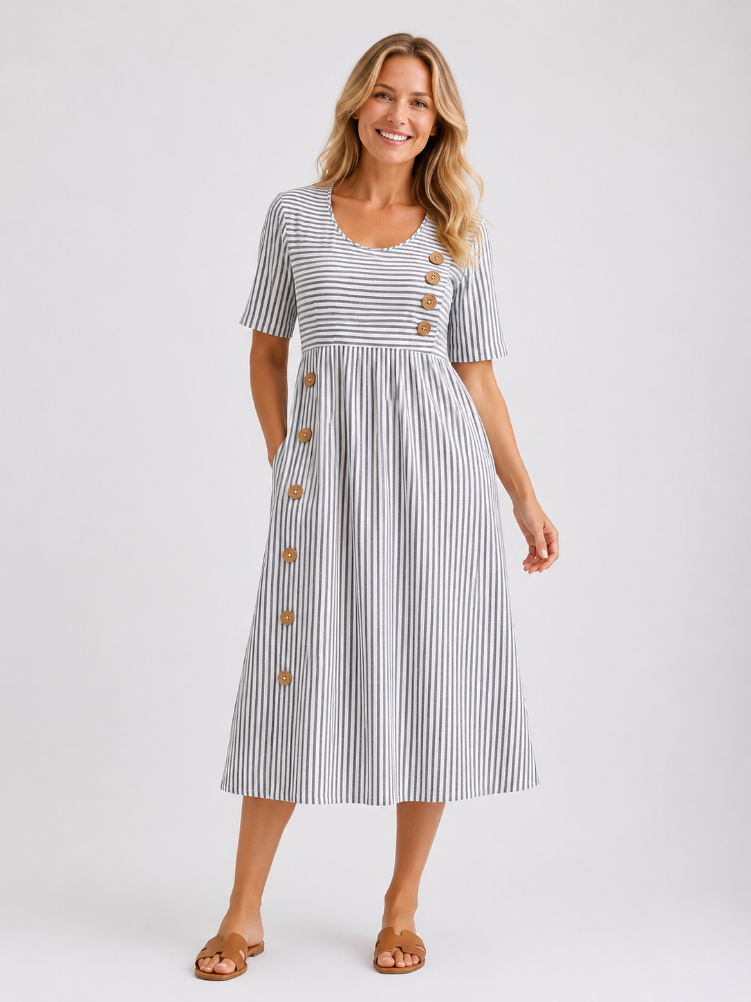 Navy - Women's Striped Button Detail Midi Dress-Dress Women-Lyrasue-Grey-S-Lyrasue