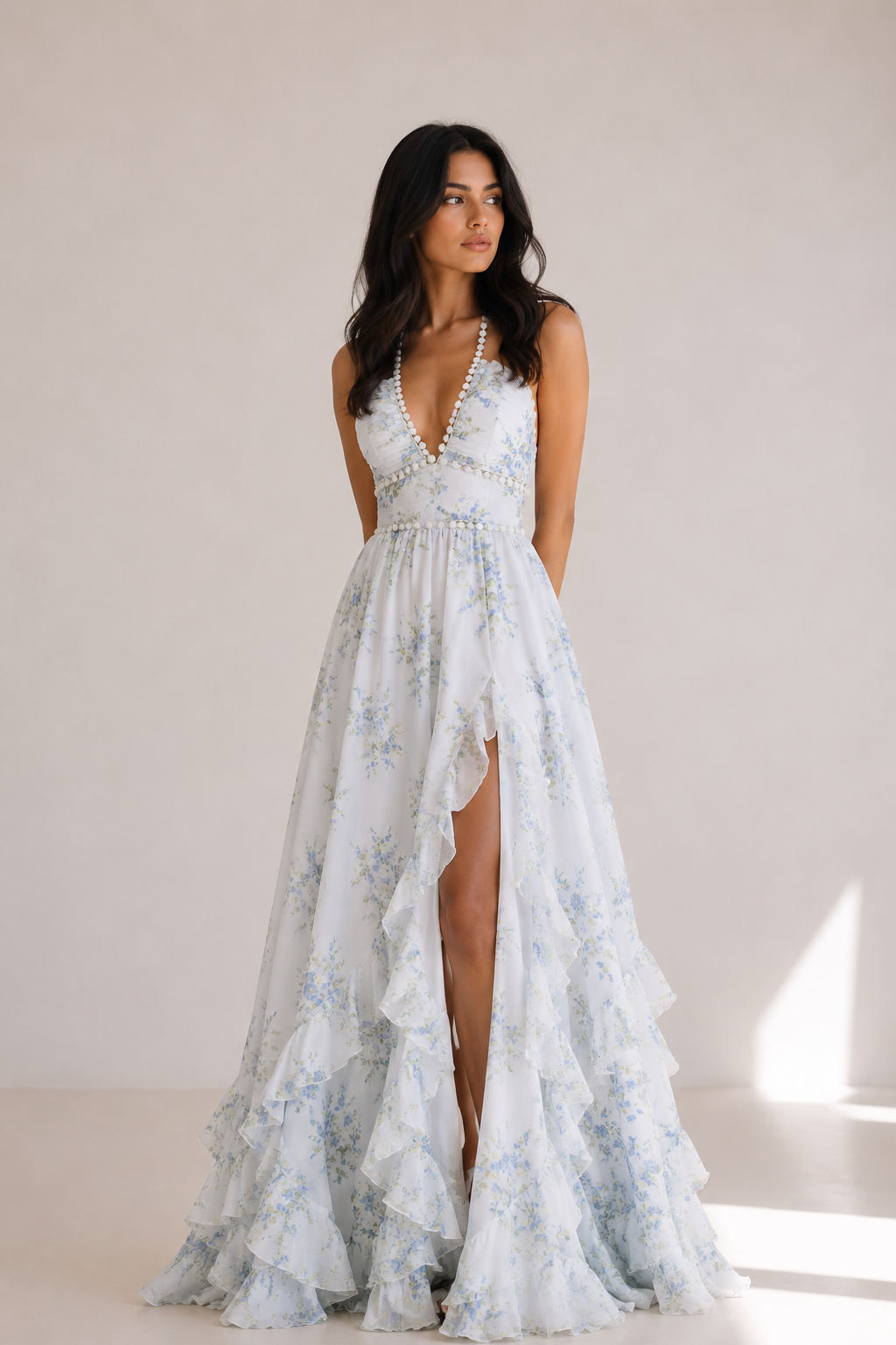 Neveah - Women’s Halter Neck Floral Wedding Guest Maxi Dress-Women > Dress-Lyrasue-White-S-Lyrasue