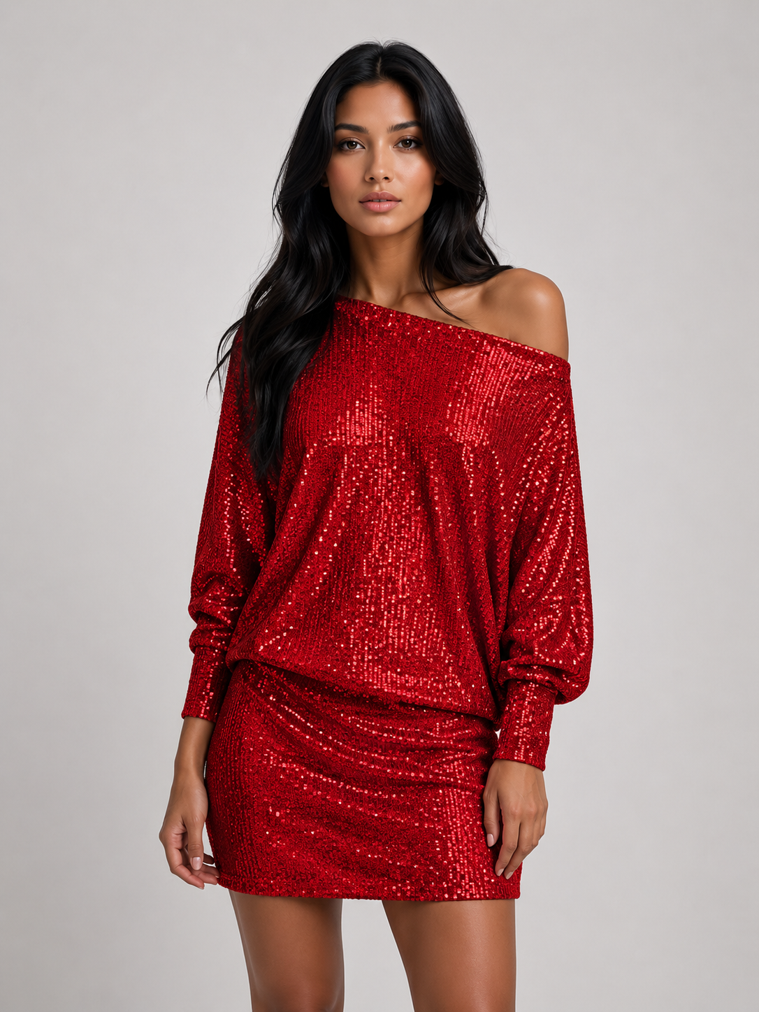 Nicole - Women’s Sequin Party Mini Dress with Contrast Detail-Mode Dames Jurk-Lyrasue-Red-S-Lyrasue