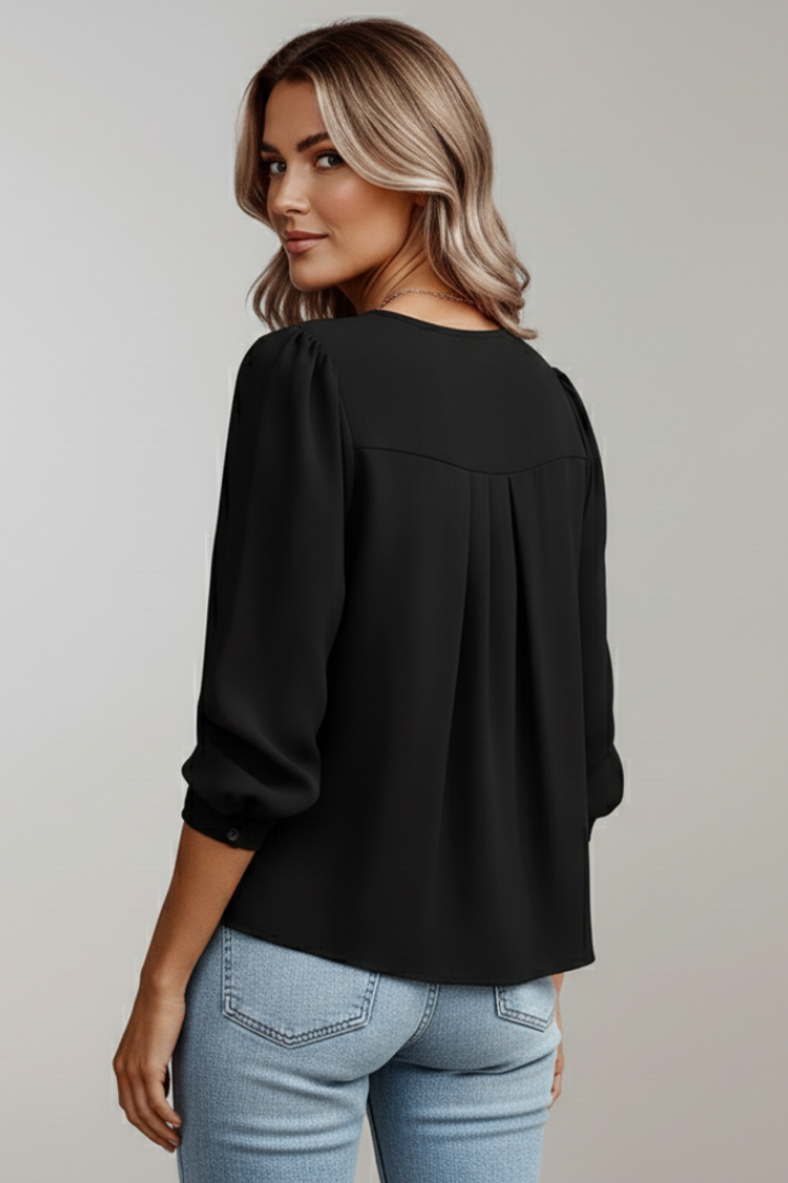 Nixie - Women's Elegant Round Neck Puff Sleeve Blouse-Women’s Blouse-Lyrasue-Black-S-Lyrasue