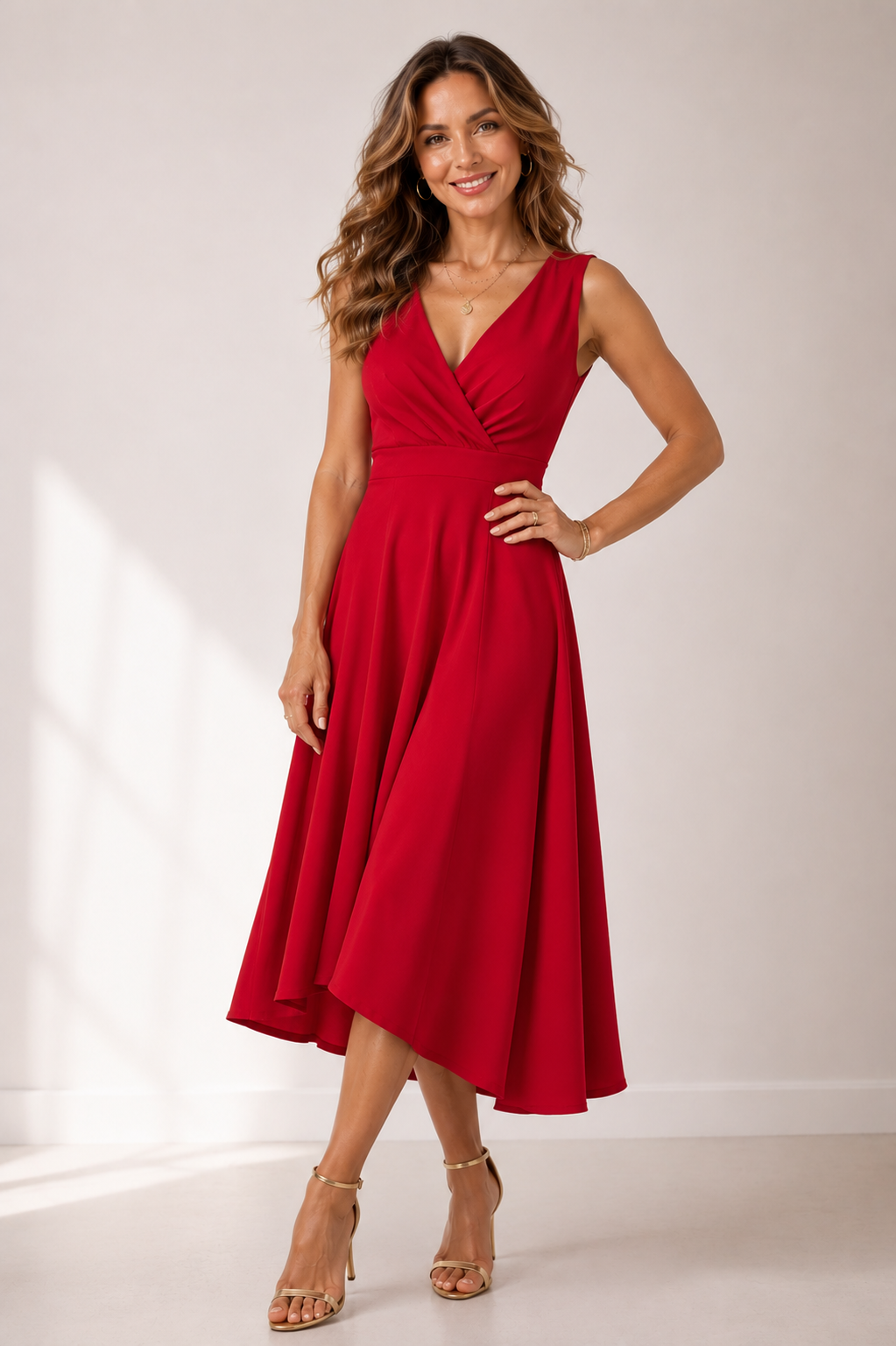 Novalee - Women's Sleeveless V Neck Midi Dress-Women’s Midi Dress-Lyrasue-Red-S-Lyrasue