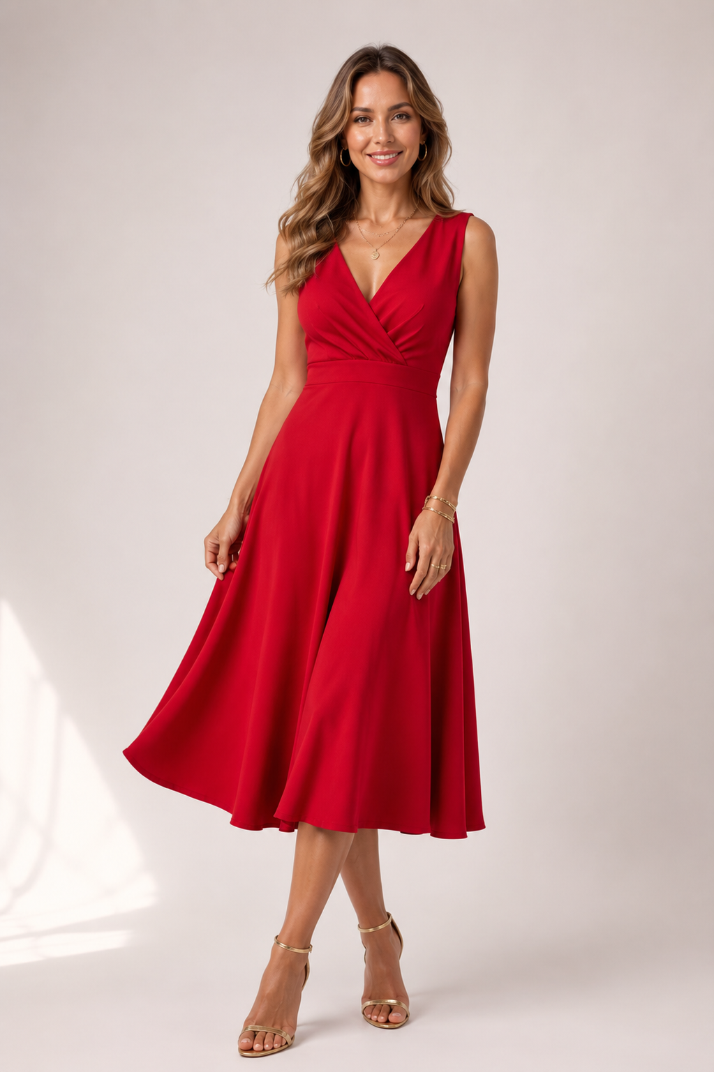 Novalee - Women's Sleeveless V Neck Midi Dress-Women’s Midi Dress-Lyrasue-Red-S-Lyrasue