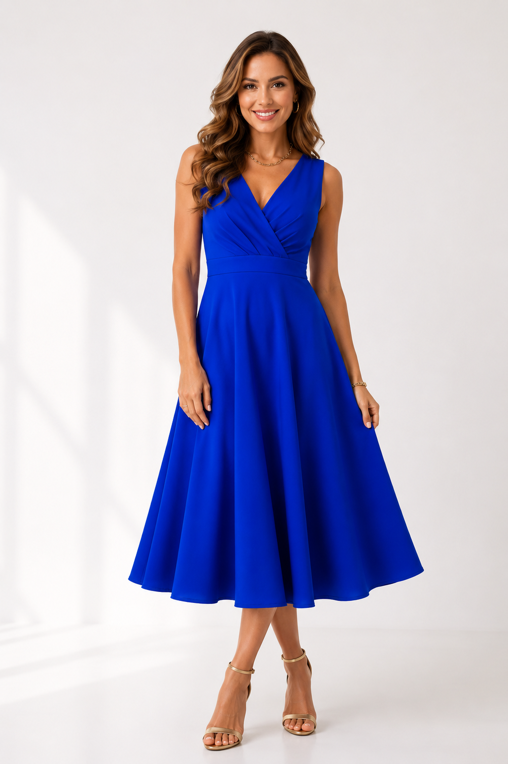 Novalee - Women's Sleeveless V Neck Midi Dress-Women’s Midi Dress-Lyrasue-Blue-S-Lyrasue