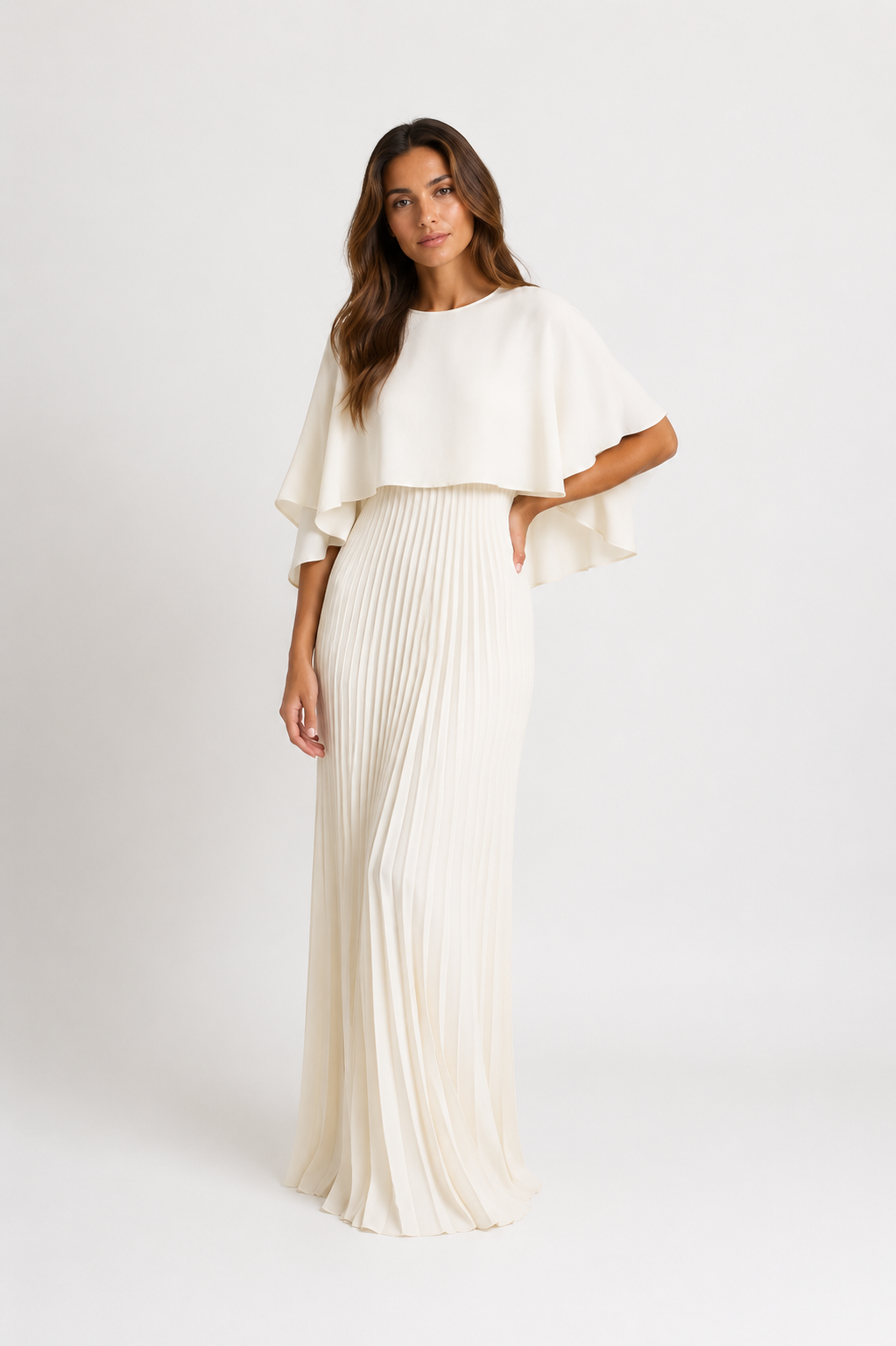 Oakley - Women’s Pleated Cape Sleeve Maxi Dress-Maxi Dress - AS - Womens - Dresses-Lyrasue-Milky White-S-Lyrasue