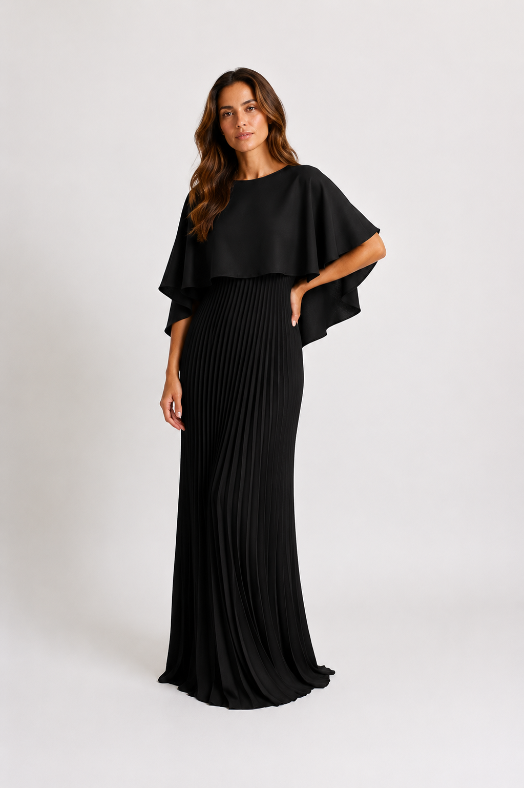 Oakley - Women’s Pleated Cape Sleeve Maxi Dress-Maxi Dress - AS - Womens - Dresses-Lyrasue-Milky White-S-Lyrasue