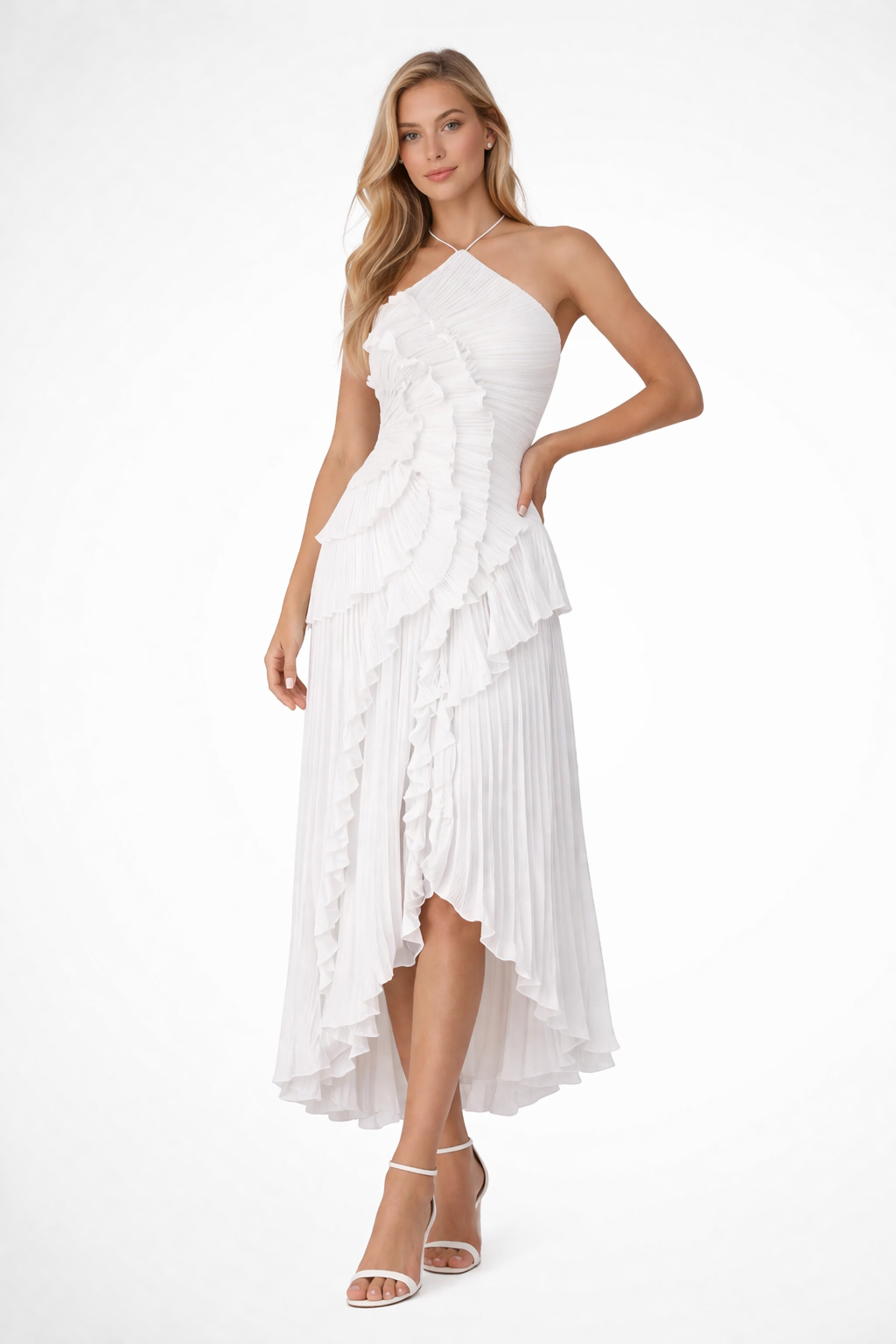 Orla - Women's Sleeveless Halter Backless Ruffle Maxi Wedding Guest Dress-Lyrasue-White-XS-Lyrasue