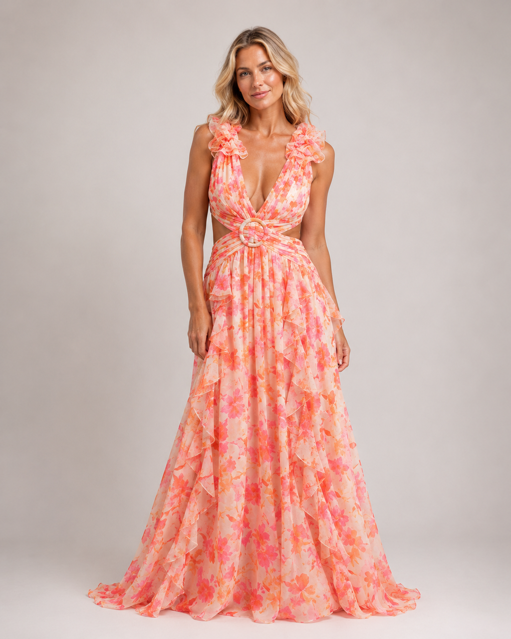 Palmer - Women's Floral Wedding Guest Maxi Dress-Maxi dresses-Lyrasue-Orange-XS-Lyrasue