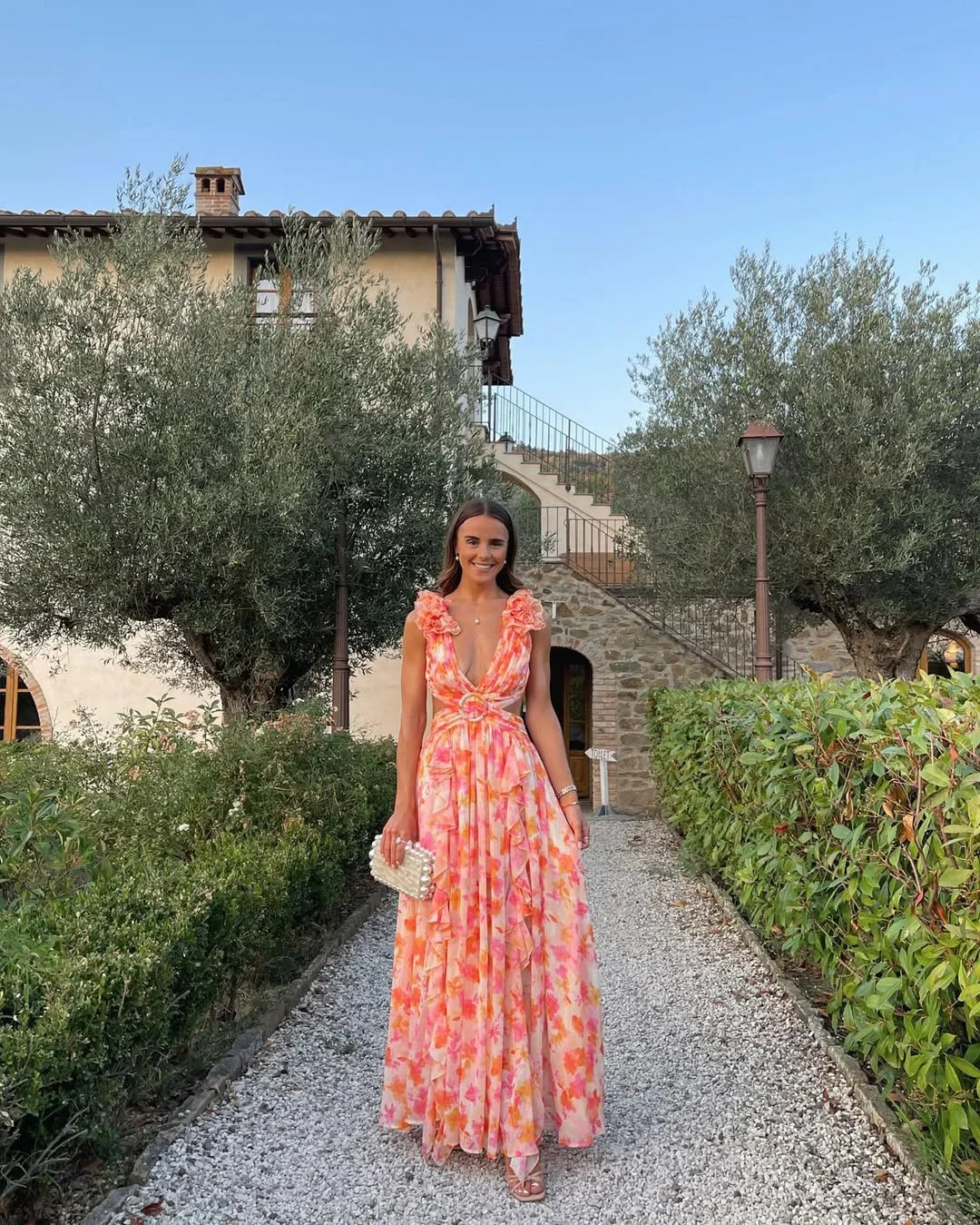 Palmer - Women's Floral Wedding Guest Maxi Dress-Maxi dresses-Lyrasue-Orange-XS-Lyrasue