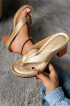 Rachael - Women’s Metallic Toe Post Block Heel Sandals-Lyrasue-Gold-3-Lyrasue