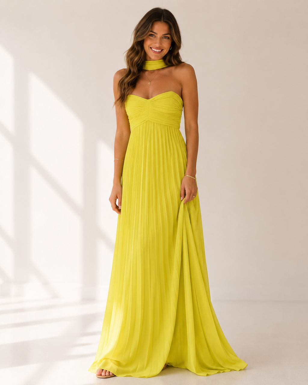 Reverie - Women's Strapless Pleated Maxi Dress-Abiti lunghi-Lyrasue-Lime yellow-S-Lyrasue