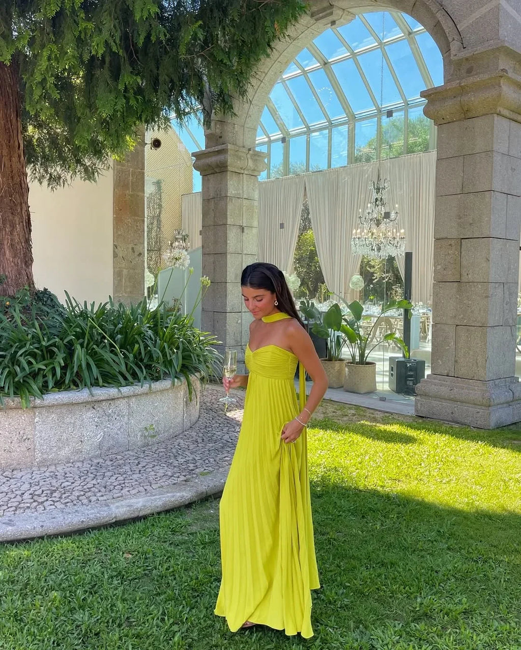 Reverie - Women's Strapless Pleated Maxi Dress-Abiti lunghi-Lyrasue-Lime yellow-S-Lyrasue