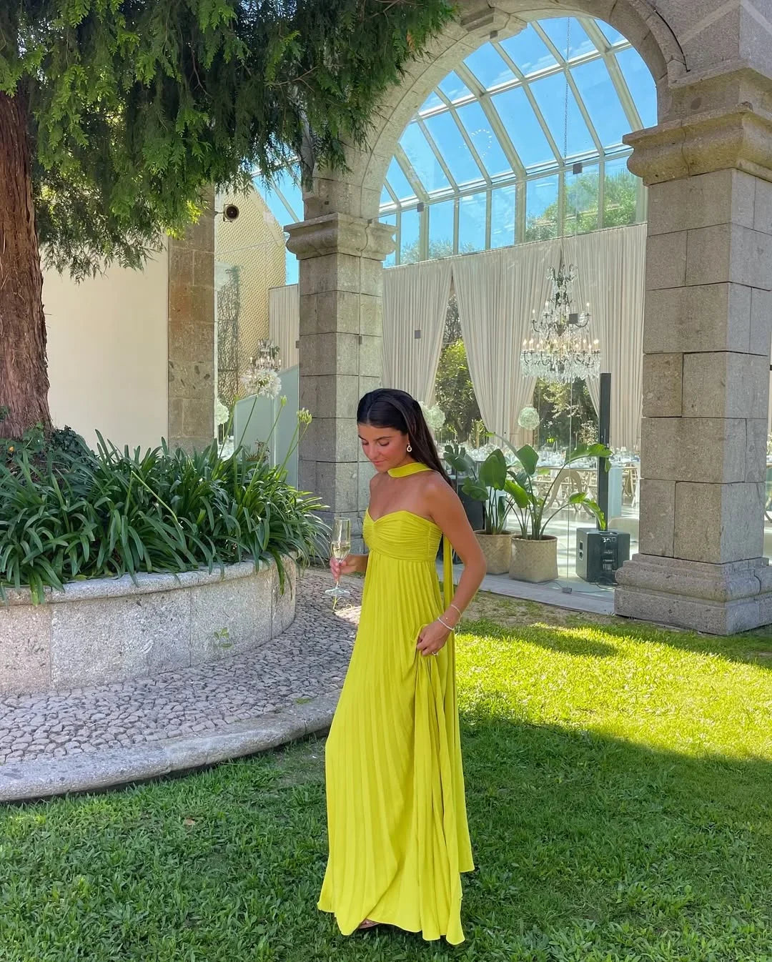 Reverie - Women's Strapless Pleated Maxi Dress-Abiti lunghi-Lyrasue-Lime yellow-S-Lyrasue