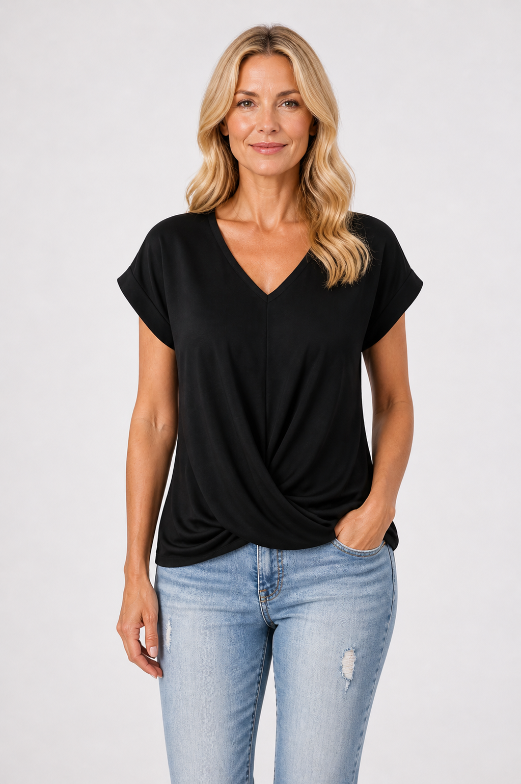Romaysa - Women’s V-Neck Twist Front Top Short Sleeve Casual Style-Lyrasue-Black-XS-Lyrasue