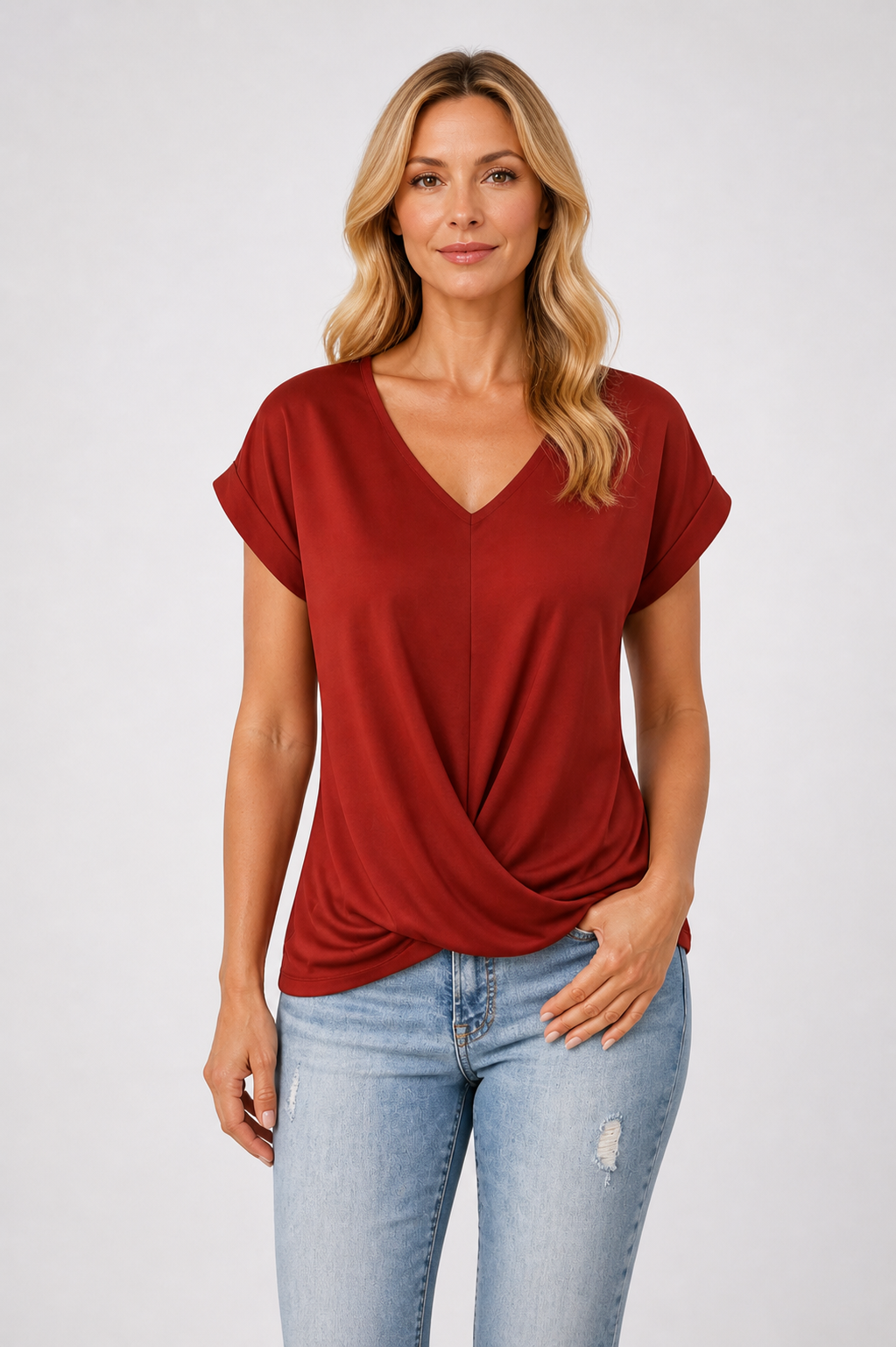 Romaysa - Women’s V-Neck Twist Front Top Short Sleeve Casual Style-Lyrasue-Red-XS-Lyrasue