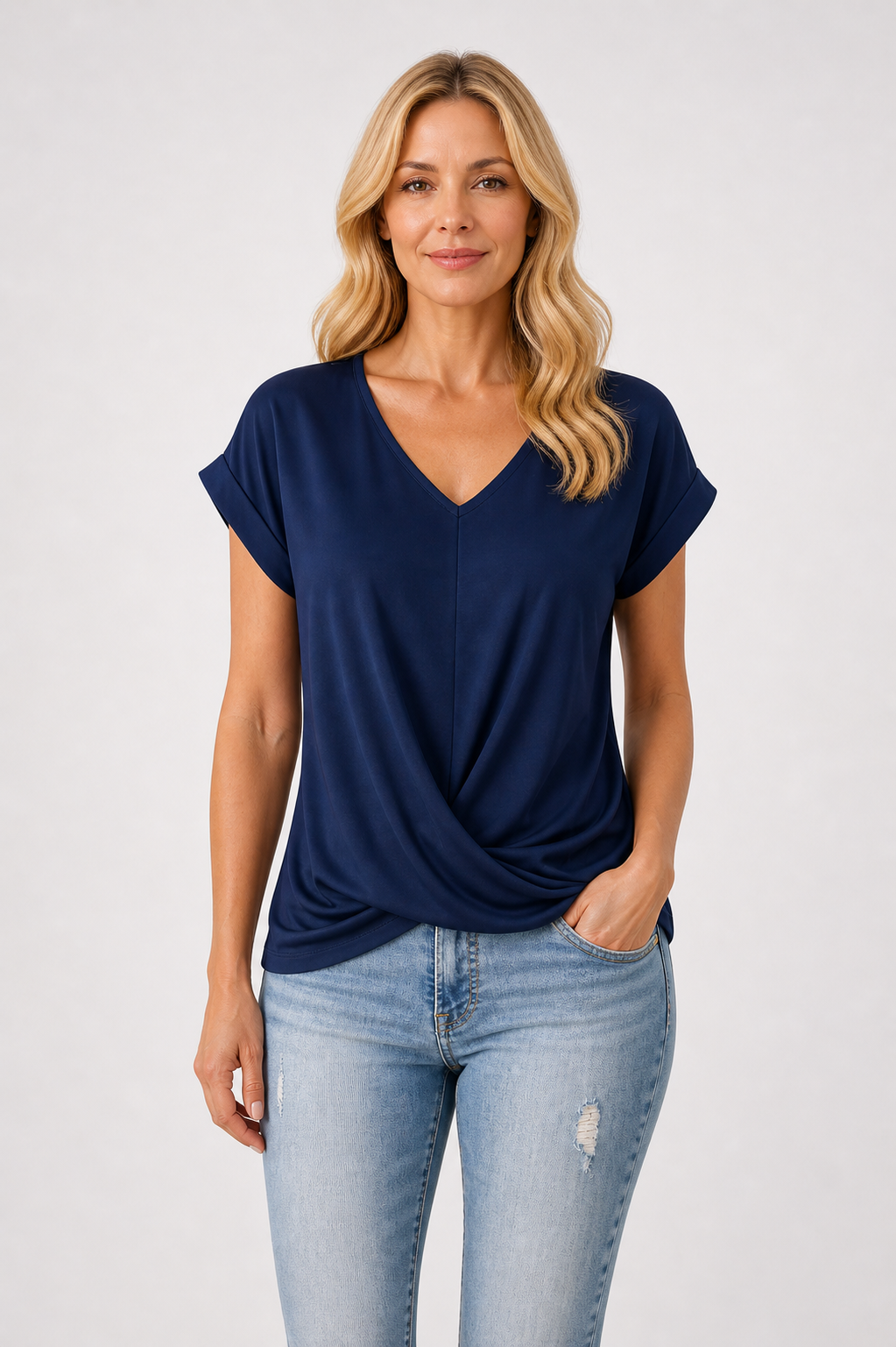 Romaysa - Women’s V-Neck Twist Front Top Short Sleeve Casual Style-Lyrasue-Blue-XS-Lyrasue