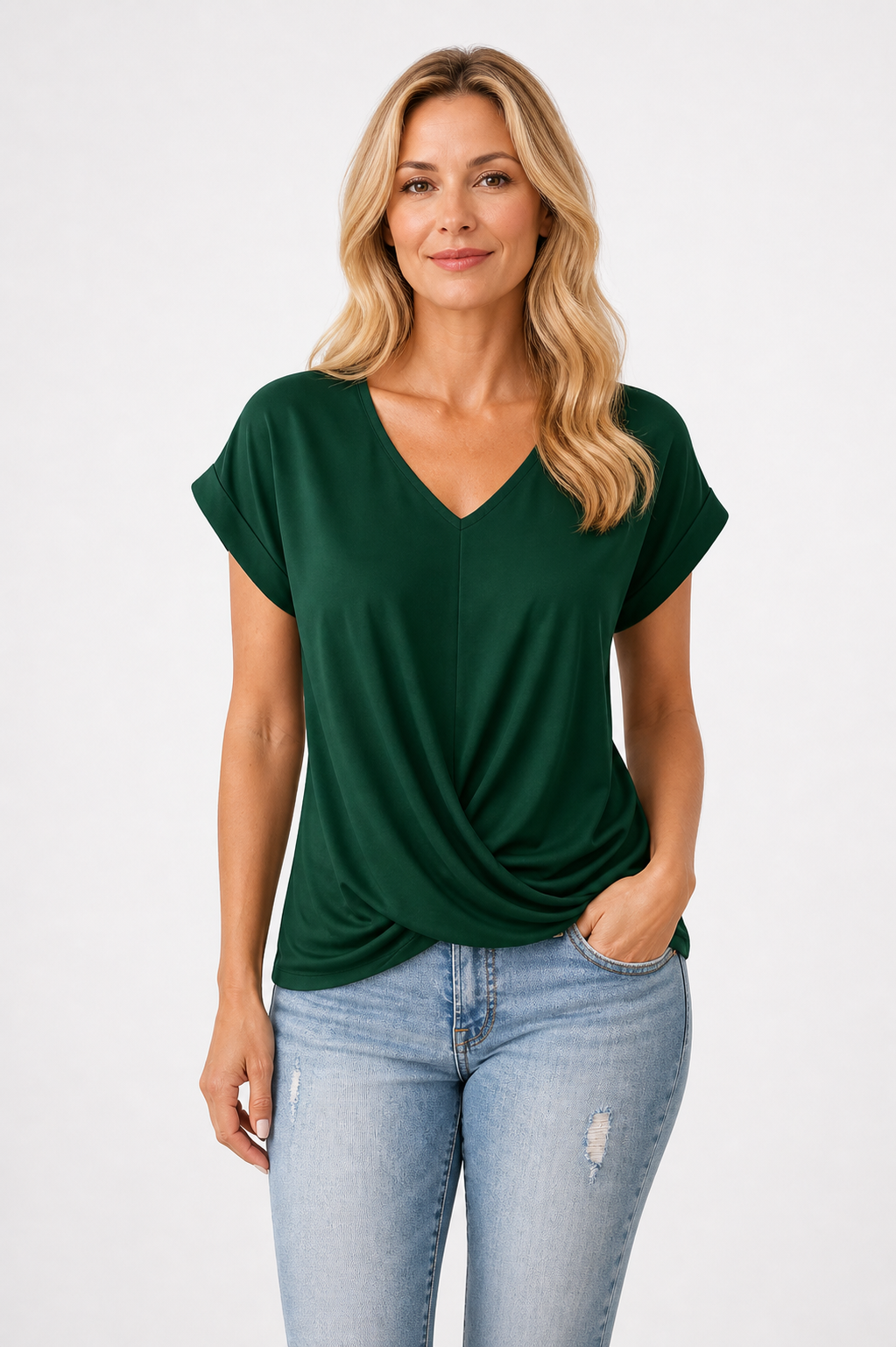 Romaysa - Women’s V-Neck Twist Front Top Short Sleeve Casual Style-Lyrasue-Green-XS-Lyrasue