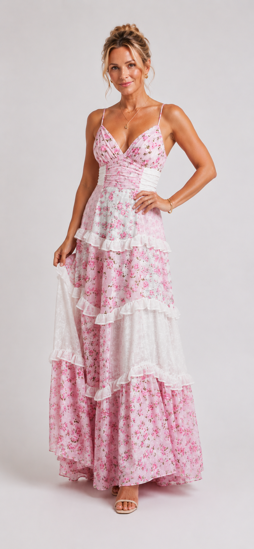 Romina - Women's Floral Tiered Maxi Dress-Dresses-Lyrasue-Pink-XS-Lyrasue